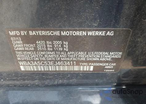 2014 BMW 328I из США, поврежденный, VIN WBA3A5C53EJ463411